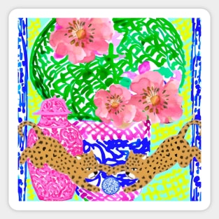 Playing cheetah cubs and chinoiserie jar Sticker